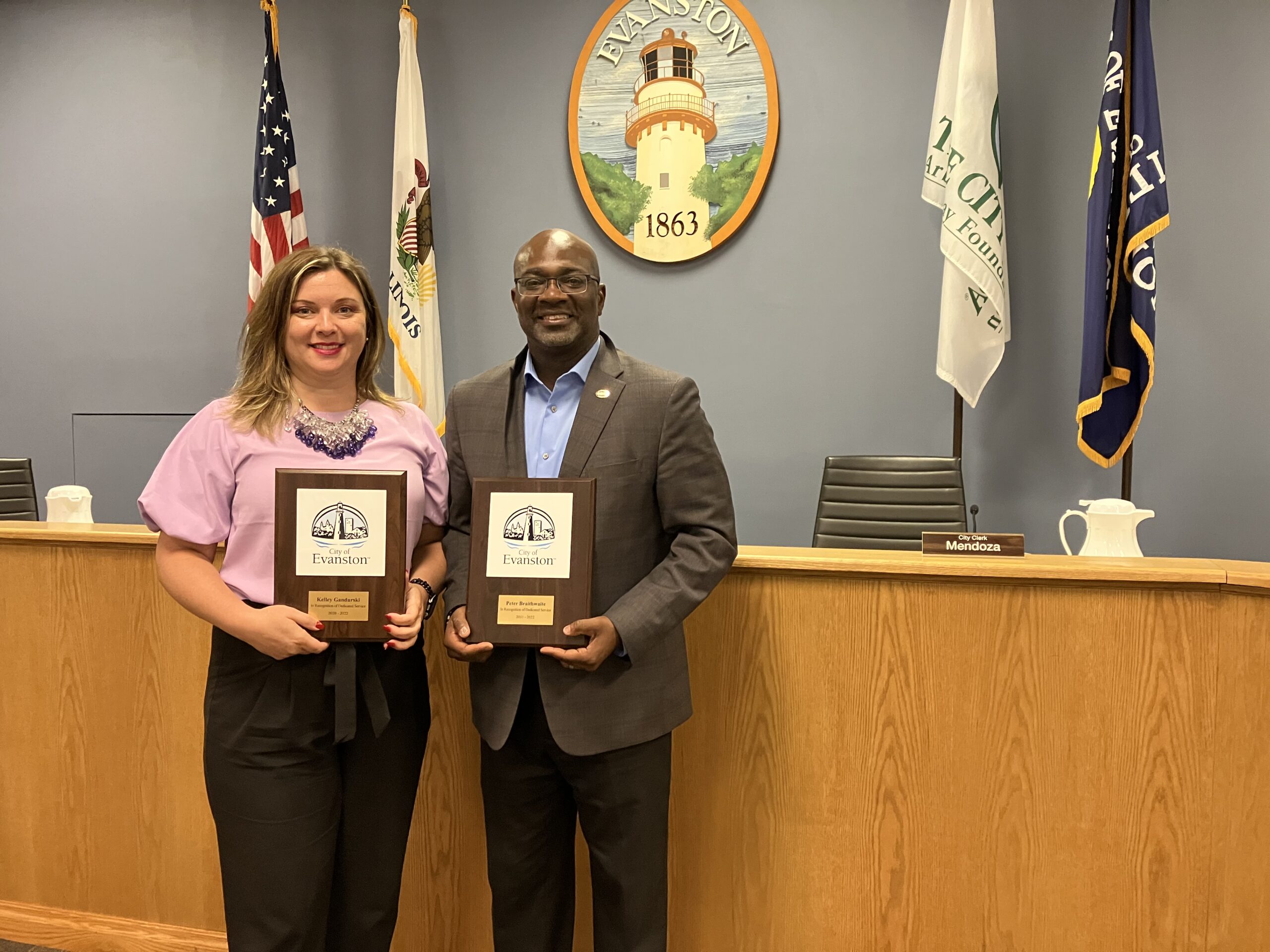 At their final Evanston City Council meeting,  Braithwaite and Gandurski honored for their service to the City